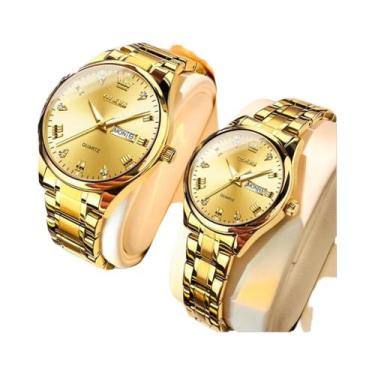 Imagem de Relógio De Casal Em Aço Inoxidável Dourado À Prova d'Água Com Luz Lumi