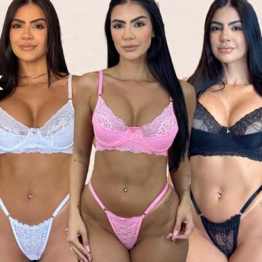 Imagem de Kit 3 Conjuntos Renda Meia Taça Laura Tamanho:GGCor:Preto Branco Rosa 