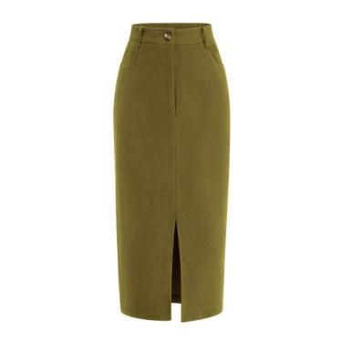 Imagem de Saia PRETTYGARDEN Midi Lápis de Veludo Cotelê Verde Cintura Alta 14