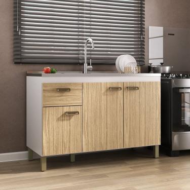 Imagem de Balcão para Pia 120cm em Mdf 15cm 3 Portas e Uma Gaveta Branco / Amêndoa