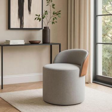 Imagem de Puff Encosto material sintético Linho Sala Orgânico Quarto Redondo Ban