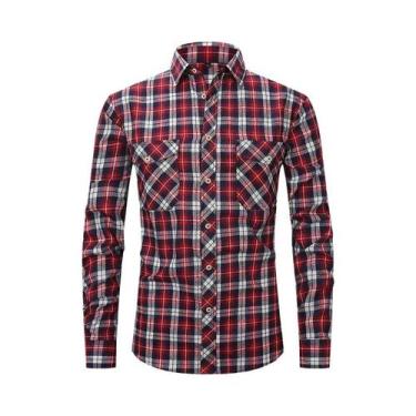 Imagem de Camisa Masculina De Manga Longa Em Algodão Escovado Xadrez Vermelho Eu