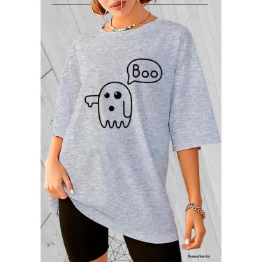 Imagem de Camiseta Oversized Feminina 100 Algodão Gola Redonda Estampa Boo Fantasma Streetwear-Feminino