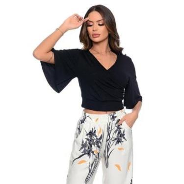 Imagem de Cropped Manga Flare 3/4 Decote V BBonnie Fiore Preto-Feminino