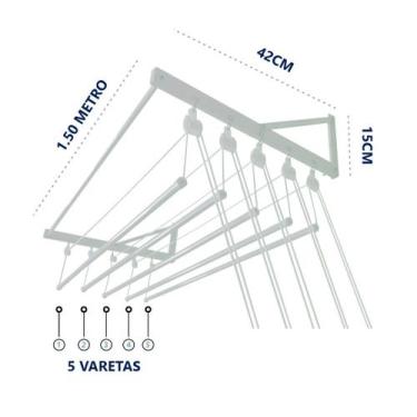 Imagem de Varal individual de parede com 5 varetas em alumínio - VARAL BOX, Bran