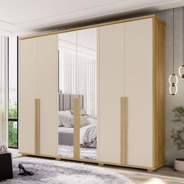 Imagem de Roupeiro Casal Estrela Ii 6 Portas 4 Gavetas Com Espelho Para Quarto Home Top - Cinamomo/off White