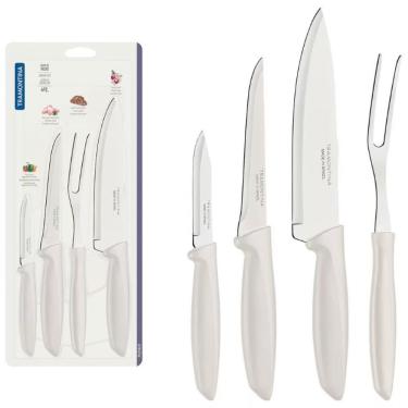 Imagem de Conjunto de Facas Plenus para Legumes Frutas Desossar e Chef em Aço Inox e Polipropileno com Garfo Trinchante