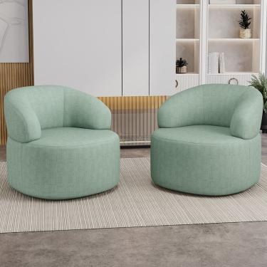 Imagem de Kit 02 Poltronas Giratória Orgânica Para Sala de Estar Living Helena L02 Linho Verde Me...
