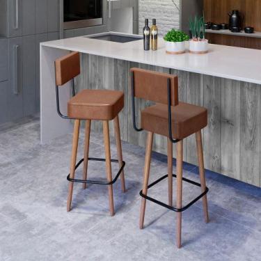 Imagem de Banqueta Alta Cozinha 70cm Encosto Pé Madeira Kit 2 Barcelona PU Marro