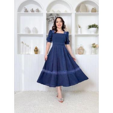 Imagem de Vestido Midi Feminino Social Evangélico Linho Guipir - Fashion, Azul m