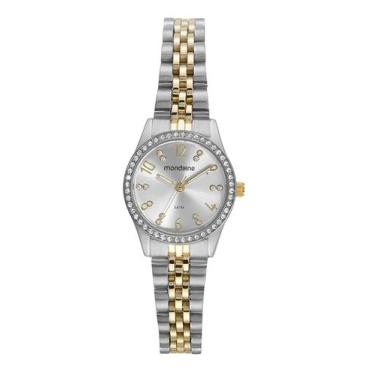 Imagem de Relogio Mondaine Feminino pequeno dourado prata bicolor misto cravejad