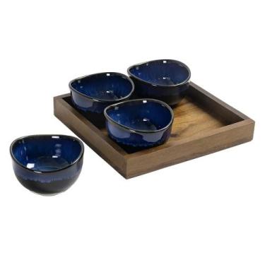 Imagem de Petisqueira de Madeira com 4 Bowls de Cerâmica Azul UN0048 BTC