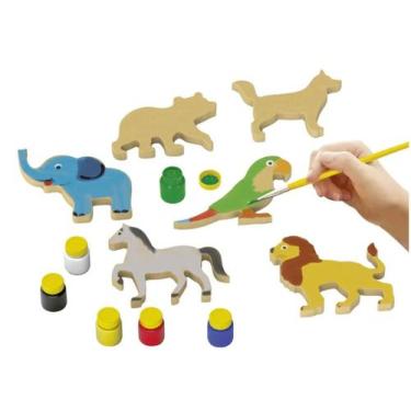 Imagem de Kit Pintura Infantil Animais MDF 6 Tintas Pincel Junges