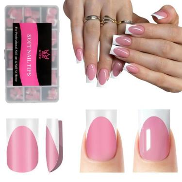 Imagem de Unhas Postiças QIEK 150 Peças Pontas Francesas Curtas Quadradas Rosa E