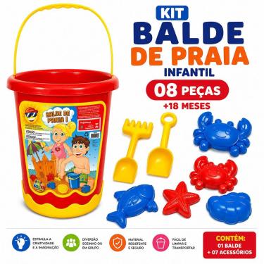 Imagem de Kit Balde de Praia Infantil com Acessórios para Areia +18 Meses Vermelho 8 Peças para Brincar