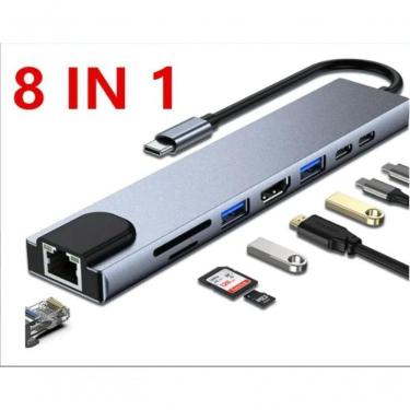 Imagem de Hub USB Type-C 8 em 1 com HDMI 4K USB 3.0 RJ45 Estação de Acoplamento com PD 100W Leitor SD TF e Ethernet Alumínio