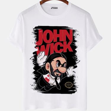 Imagem de Camiseta masculina Mario John Wick Parodia Filme Jogo Camisa Blusa Branca Estampada