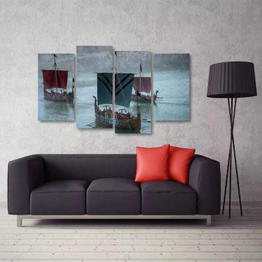 Imagem de Quadro Decorativo Barco Da Série Vikings Sala Tecido 4 Peças