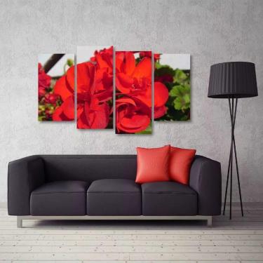 Imagem de Quadro Decorativo Flores Vermelhas Sala Em Tecido 4 Peças