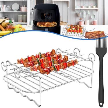 Imagem de EUWBSSR Air Fryer Double Layer Rack Set 304 de aço inoxidável Multi-Purpose Air Fryer Rack com 4 espetos de churrasco 1 escova de óleo de silicone antiaderente Air Fryer Rack para Ninja Instan