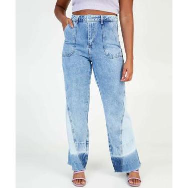 Imagem de Calça Jeans Wide Leg Feminina Bolsos Sawary