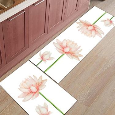 Imagem de Tapete de corredor de cozinha, aquarela lótus flores rosa fundo branco antiderrapante tapete de porta tapete tapete para lavanderia cabeceira banheiro quarto conjunto de 2
