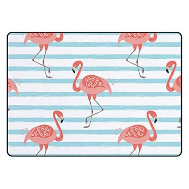 Imagem de Tapetes de banheiro para porta de banheiro Tapete de banheiro Flamingo rosa em azul listrado decoração interior exterior absorvente antiderrapante 78,7 x 50,8 cm