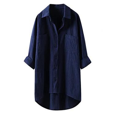 Imagem de WSLCN Camisola longa Plus Size Feminina com Botões Blusas de Manga Comprida Casual ou Pijama Azul 5G