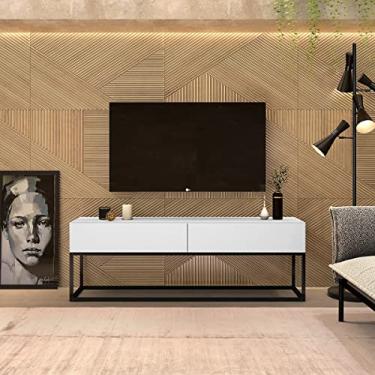 Imagem de rack para sala tv até 50 polegadas pe de ferro preto estilo industrial design moderno com 2 gavetas espaçosas eros 1,40m (Branco)