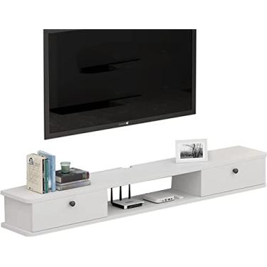 Imagem de JUNNIU Unidade de TV montada na parede console de mídia montado na parede com 2 portas 39,3/47,2/55 polegadas, prateleira flutuante de componente de suporte de TV, prateleiras de armazenamento multimídia de entretenimento, prateleira de caixa para sala de estar/140C