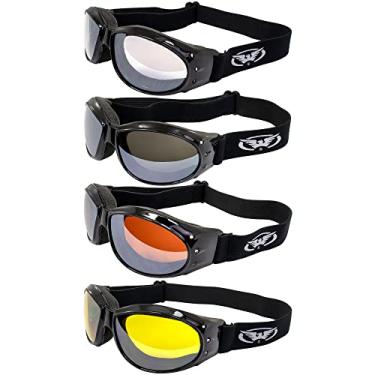 Imagem de Global Vision 4 pares de óculos acolchoados Eliminator para motociclismo ANSI Z87.1 armação preta antiembaçante com lentes espelhadas transparentes, amarelo e para dirigir