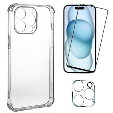 Imagem de Kit Capinha Capa Compatível com iPhone 13 14 15 16 16e + Película 3D Vidro Temperado + Película de Câmera (iPhone 15 Pro)