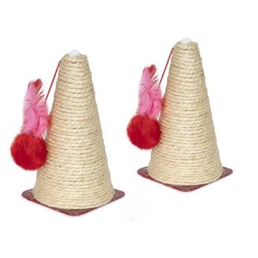 Imagem de Arranhador para Gato Cone Sisal Bola Pelúcia Penas Chocalho - KIT com 2 unidades