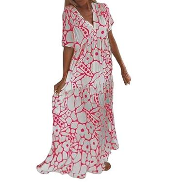 Imagem de Vestido feminino casual de manga curta estampado decote em V maxi solto boho praia vestido longo vestido feminino plus casual, Vermelho, G
