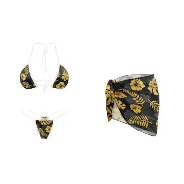 Imagem de Yewattles Conjunto de biquíni triangular, 3 peças, com saída de sarongue para mulheres, biquíni com cordão de amarrar no pescoço, Flor tropical dourada, M
