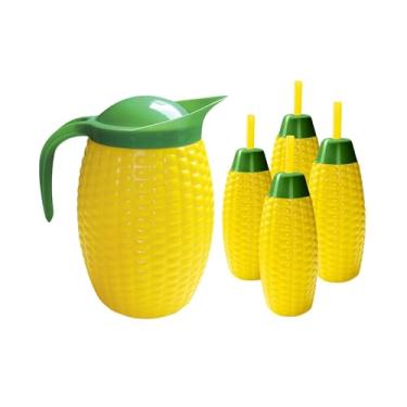 Imagem de Conjunto Caipira Jarra e Copo formato De Milho Festa Junina São João Tema Arraiá Água Suco Refresco Divertido