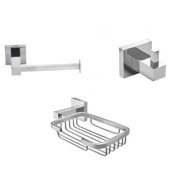 Imagem de Kit 3 Acessórios Banho Cabide Inox + Porta Papel Higiênico Metal + Saboneteira Cromada Designer Novo