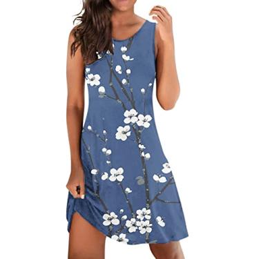 Imagem de Vestido feminino elegante gola redonda gola redonda patchwork estampa floral vestido casual verão curto, Azul marino, GG