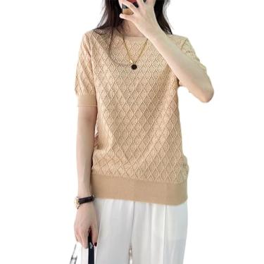 Imagem de Ailaile Suéteres femininos de manga curta de algodão macio gola redonda blusa de malha leve, Camelo dourado, M