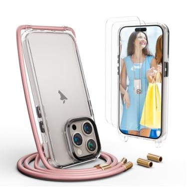 Imagem de UYMO Capa de telefone transversal para iPhone 15 Pro Max de 6,7 polegadas, capa transversal com alça de cordão de pescoço, capa transparente de policarbonato TPU com 2 protetores de tela de vidro