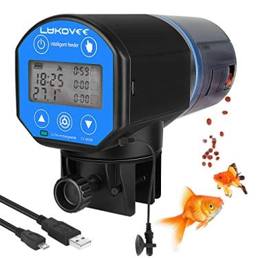 Imagem de Lukovee Alimentador automático de peixes, mostrador de tempo de alimentação, temporizador recarregável por USB, à prova de umidade, aquário ou dispensador de alimentos para aquário com capacidade de 200 ml, grande capacidade com função de medição de temperatura, azul