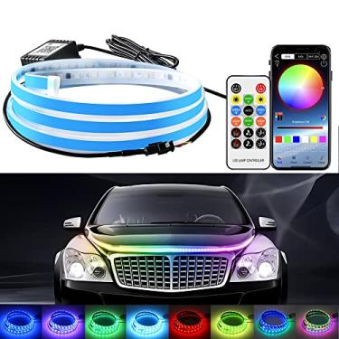 Imagem de UPXSXT Faixa de luz de capô de carro RGB dinâmica, tira de luzes LED de carro de 150 cm com aplicativo e controle remoto, decoração exterior flexível à prova d'água da capa do motor, luz de corrida diurna para carro SUV caminhão