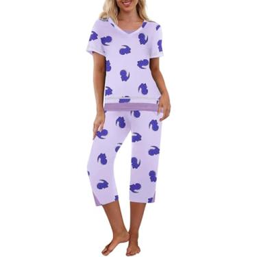 Imagem de Ekouaer Conjunto de pijama feminino de manga curta, calça capri e pijama macio, Dinossauro roxo, GG