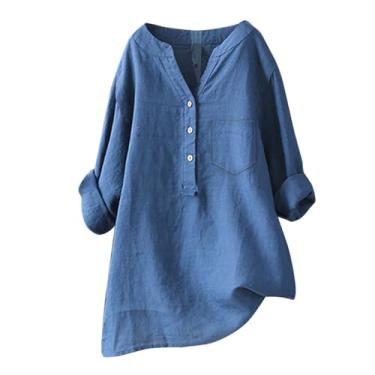 Imagem de Camiseta feminina de linho Henley Pocket Blusas Plus Size manga longa cor sólida verão túnica, Azul, P