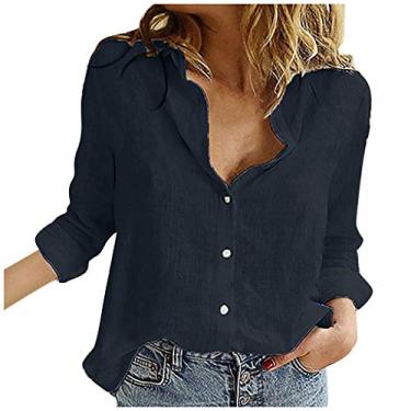 Imagem de Camiseta feminina de verão de linho de manga comprida, caimento solto, cor lisa, gola V, botão, túnica, Preto, P