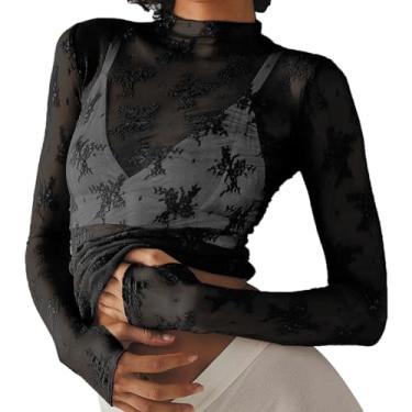 Imagem de Lainuyoah Camisetas femininas transparentes transparentes de renda floral, manga comprida, gola redonda, malha sexy, justa, retrô, streetwear, A - Preto, GG