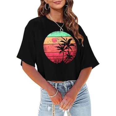 Imagem de CAZYCHILD Camisetas havaianas femininas para sol, sal e areia, coqueiro, verão, praia, estampado, camiseta cropped casual, Preto, P