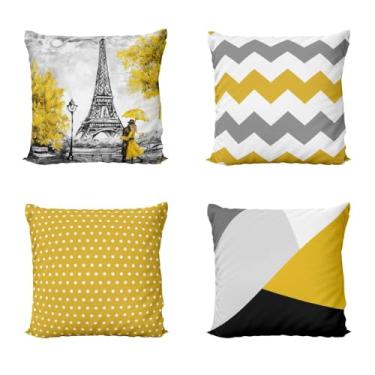 Imagem de Kit 4 Capas de Almofadas Amarelas e Cinzas Torre Eiffel Para Sofá 40x40 - Novadecora