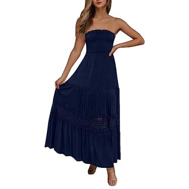 Imagem de Lainuyoah Vestidos de camisa para mulheres 2024 na moda 2024 vestidos tubinho boêmio sem alças tomara que caia, renda, evasê, vestido maxi, B - Azul escuro, M
