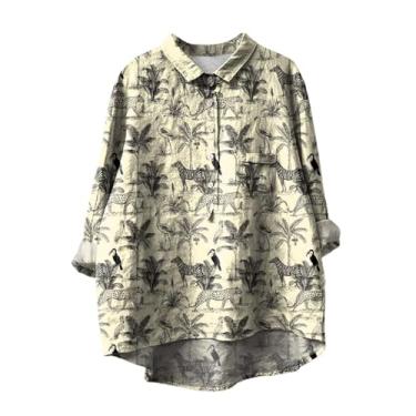 Imagem de Camiseta feminina de linho, gola lapela, botão, manga comprida, blusas elegantes estampadas com flores, blusas soltas, casuais, Caqui, XXG